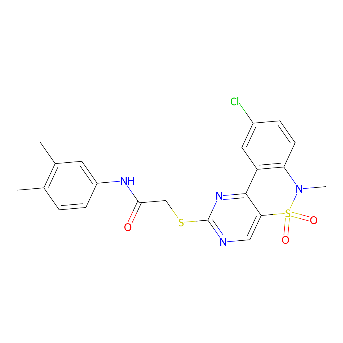 2-((9-chloro-6-methyl-5,5-dioxido-6H-benzo[c]pyrimido[4,5-e][1,2]thiazin-2-yl)thio)-N-(3,4-dimethylphenyl)acetamide molecular structure, CAS 1111013-27-4