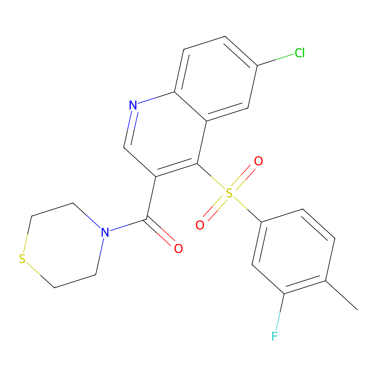 (6-Chloro-4-((3-fluoro-4-methylphenyl)sulfonyl)quinolin-3-yl)(thiomorpholino)methanone molecular structure, CAS 1111014-24-4