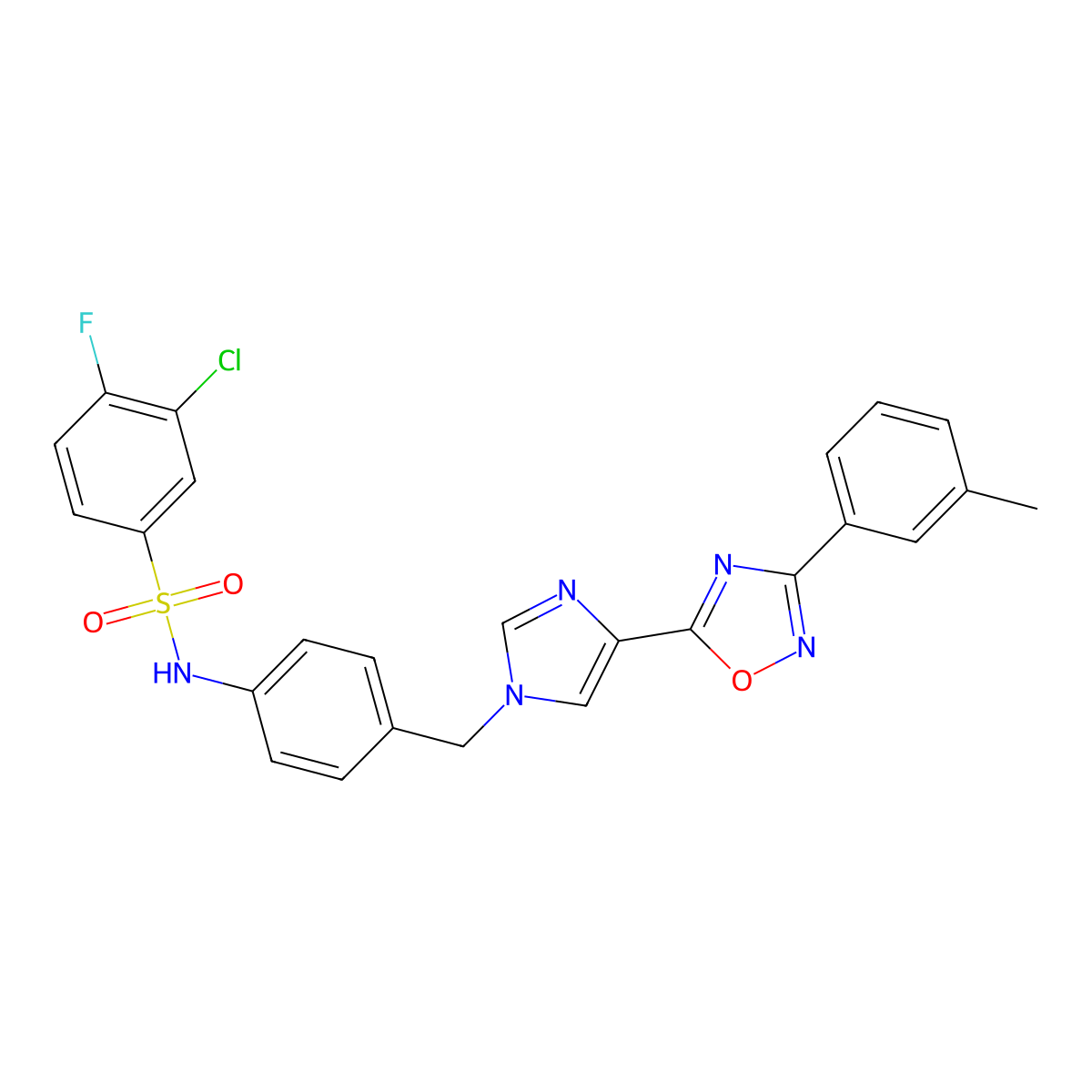 3-chloro-4-fluoro-N-[4-({4-[3-(3-methylphenyl)-1,2,4-oxadiazol-5-yl]-1H-imidazol-1-yl}methyl)phenyl]benzenesulfonamide molecular structure, CAS 1111019-05-6