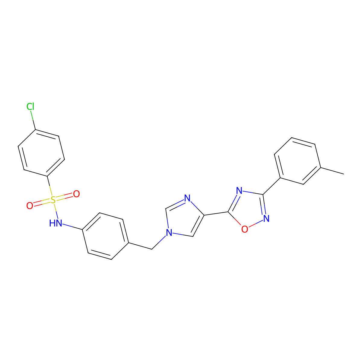 4-chloro-N-(4-((4-(3-(m-tolyl)-1,2,4-oxadiazol-5-yl)-1H-imidazol-1-yl)methyl)phenyl)benzenesulfonamide molecular structure, CAS 1111019-11-4
