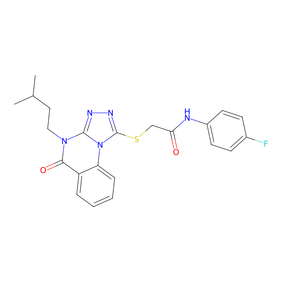 N-(4-fluorophenyl)-2-((4-isopentyl-5-oxo-4,5-dihydro-[1,2,4]triazolo[4,3-a]quinazolin-1-yl)thio)acetamide molecular structure, CAS 1111020-10-0