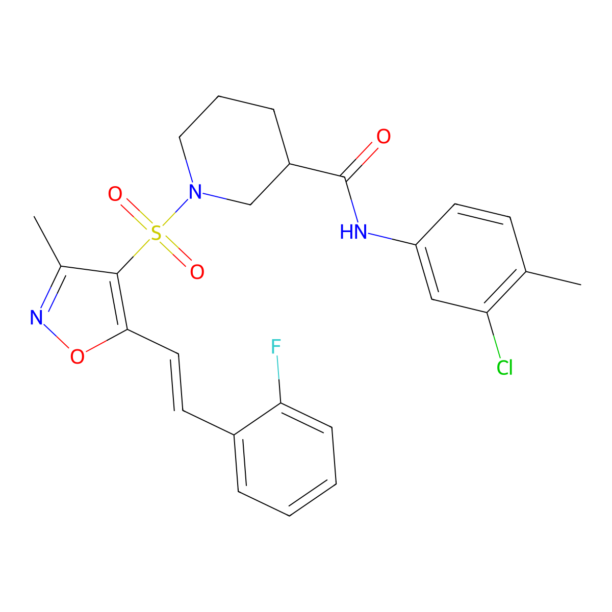 N-(3-Chloro-4-methylphenyl)-1-((5-(2-fluorostyryl)-3-methylisoxazol-4-yl)sulfonyl)piperidine-3-carboxamide molecular structure, CAS 1111022-89-9