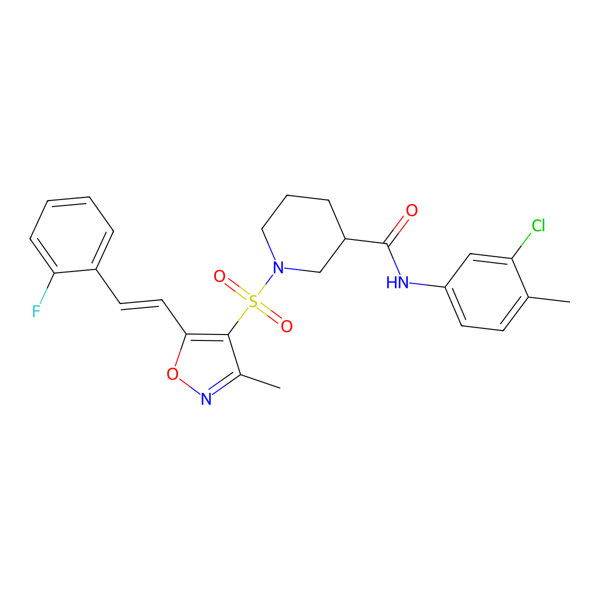 N-(3-Chloro-4-methylphenyl)-1-((5-(2-fluorostyryl)-3-methylisoxazol-4-yl)sulfonyl)piperidine-3-carboxamide molecular structure, CAS 1111022-89-9