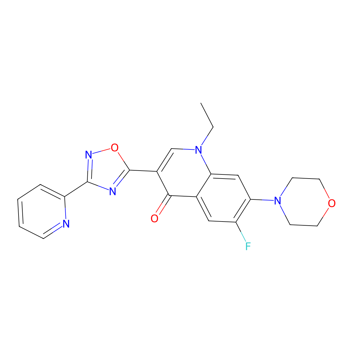 1-ethyl-6-fluoro-7-morpholino-3-(3-(pyridin-2-yl)-1,2,4-oxadiazol-5-yl)quinolin-4(1H)-one molecular structure, CAS 1111026-64-2