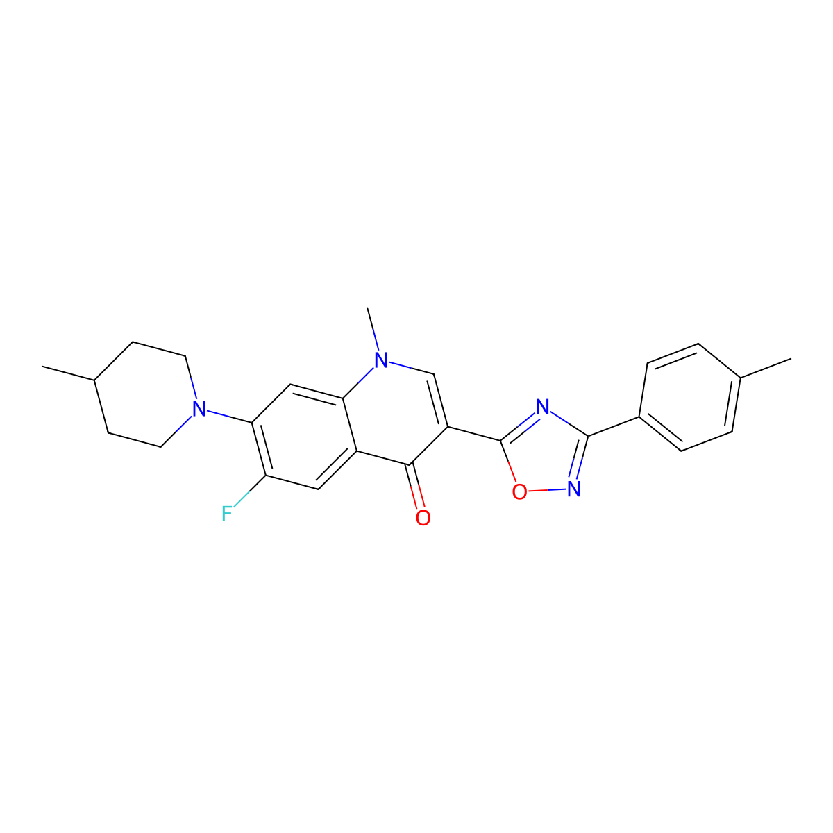 6-Fluoro-1-methyl-3-[3-(4-methylphenyl)-1,2,4-oxadiazol-5-yl]-7-(4-methylpiperidin-1-yl)-1,4-dihydroquinolin-4-one molecular structure, CAS 1111026-76-6