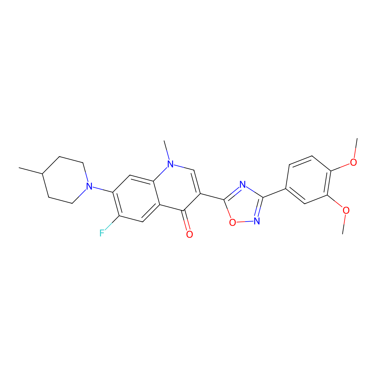 3-(3-(3,4-dimethoxyphenyl)-1,2,4-oxadiazol-5-yl)-6-fluoro-1-methyl-7-(4-methylpiperidin-1-yl)quinolin-4(1H)-one molecular structure, CAS 1111026-82-4
