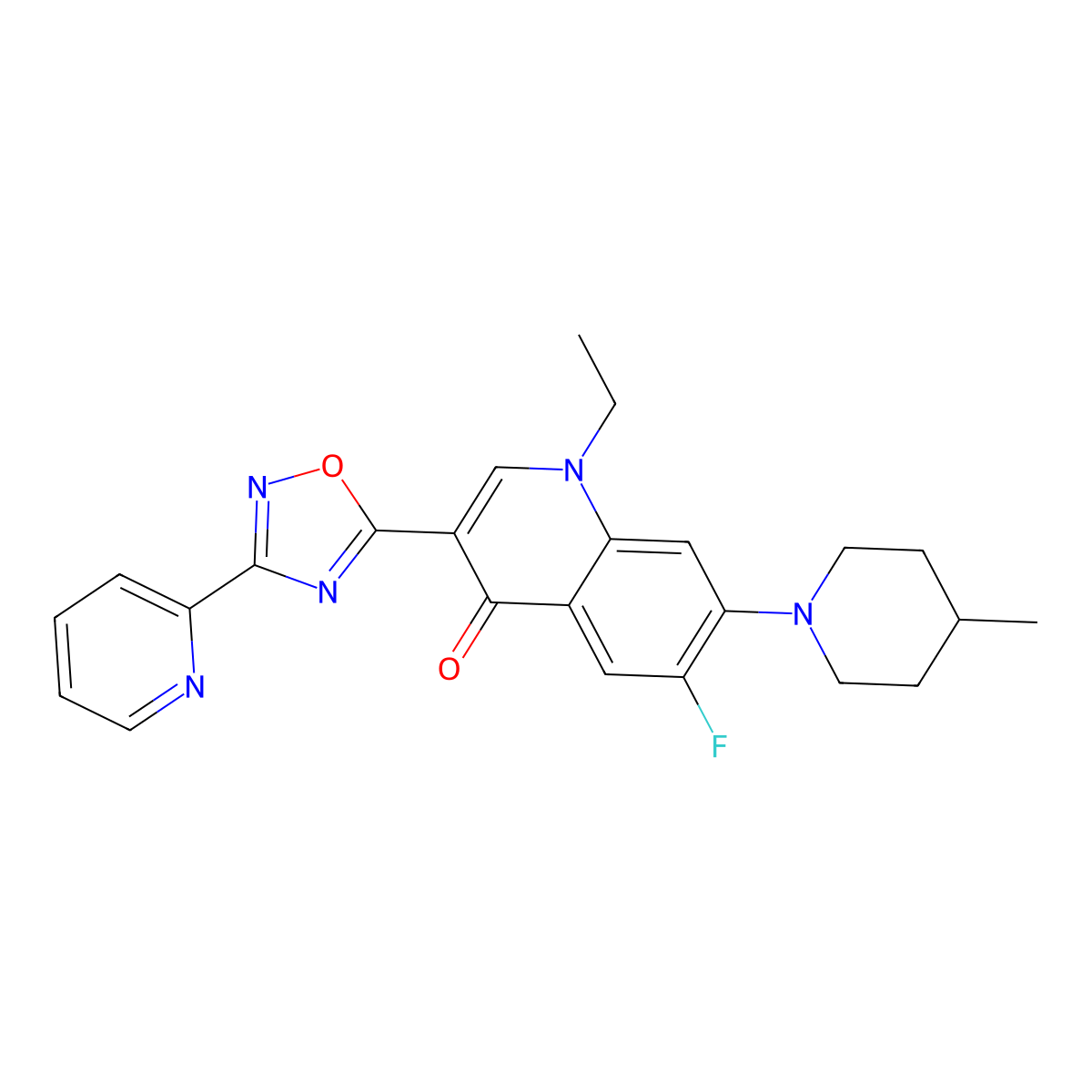 1-Ethyl-6-fluoro-7-(4-methylpiperidin-1-yl)-3-[3-(pyridin-2-yl)-1,2,4-oxadiazol-5-yl]-1,4-dihydroquinolin-4-one molecular structure, CAS 1111027-18-9