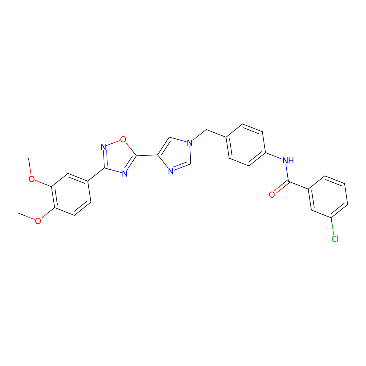 3-chloro-N-[4-({4-[3-(3,4-dimethoxyphenyl)-1,2,4-oxadiazol-5-yl]-1H-imidazol-1-yl}methyl)phenyl]benzamide molecular structure, CAS 1111035-11-0