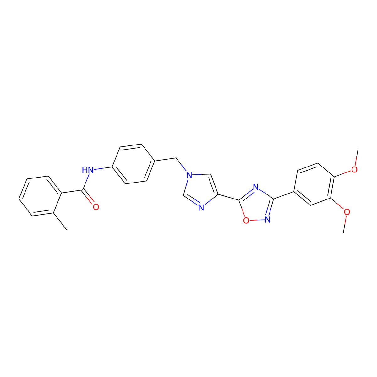 N-[4-({4-[3-(3,4-dimethoxyphenyl)-1,2,4-oxadiazol-5-yl]-1H-imidazol-1-yl}methyl)phenyl]-2-methylbenzamide molecular structure, CAS 1111035-37-0