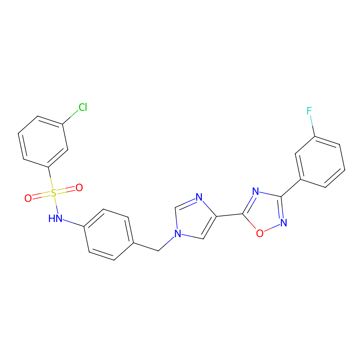 3-chloro-N-(4-((4-(3-(3-fluorophenyl)-1,2,4-oxadiazol-5-yl)-1H-imidazol-1-yl)methyl)phenyl)benzenesulfonamide molecular structure, CAS 1111037-65-0