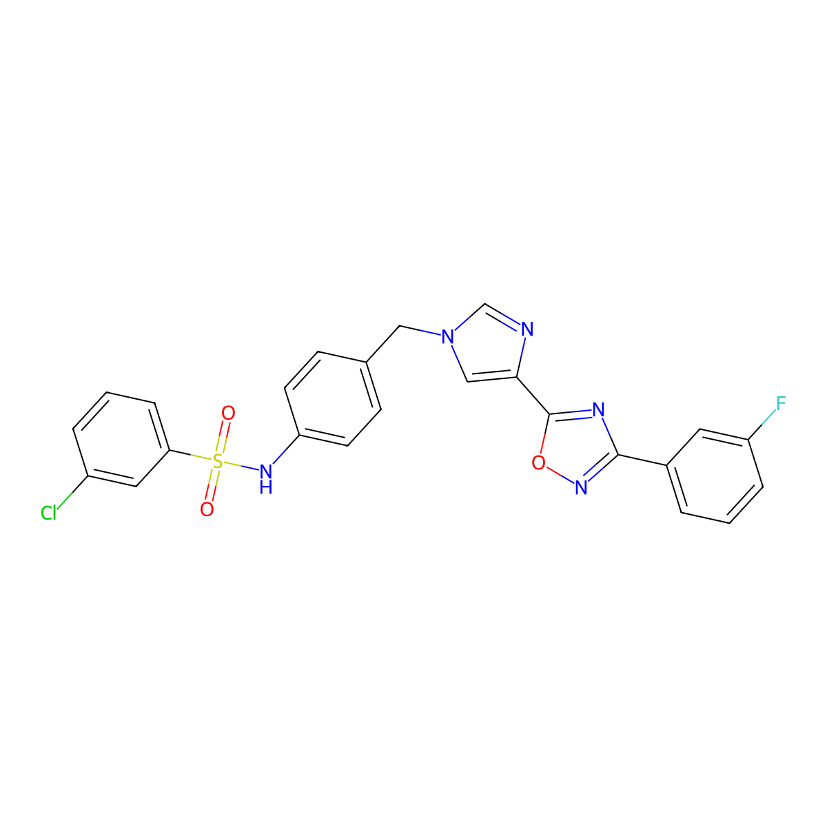 3-chloro-N-(4-((4-(3-(3-fluorophenyl)-1,2,4-oxadiazol-5-yl)-1H-imidazol-1-yl)methyl)phenyl)benzenesulfonamide molecular structure, CAS 1111037-65-0