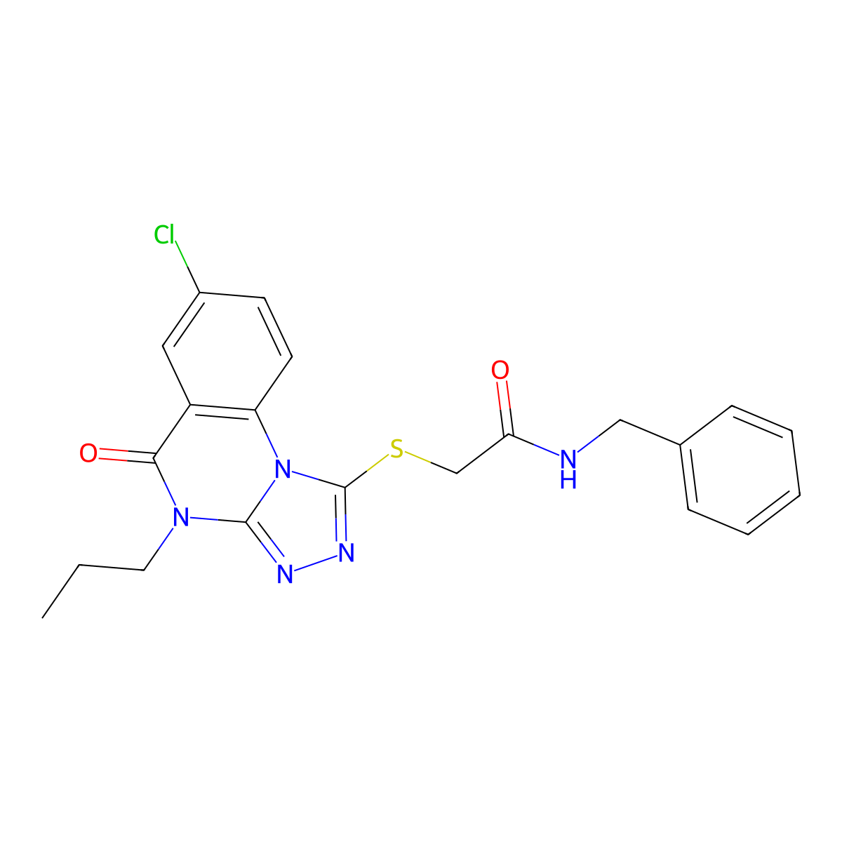 N-benzyl-2-((7-chloro-5-oxo-4-propyl-4,5-dihydro-[1,2,4]triazolo[4,3-a]quinazolin-1-yl)thio)acetamide molecular structure, CAS 1111039-25-8