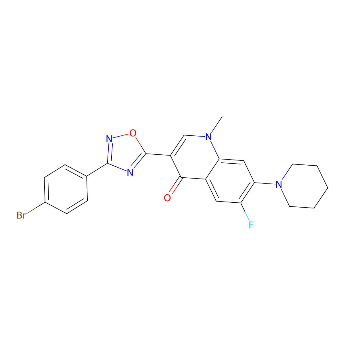 3-[3-(4-Bromophenyl)-1,2,4-oxadiazol-5-yl]-6-fluoro-1-methyl-7-(piperidin-1-yl)-1,4-dihydroquinolin-4-one molecular structure, CAS 1111043-90-3