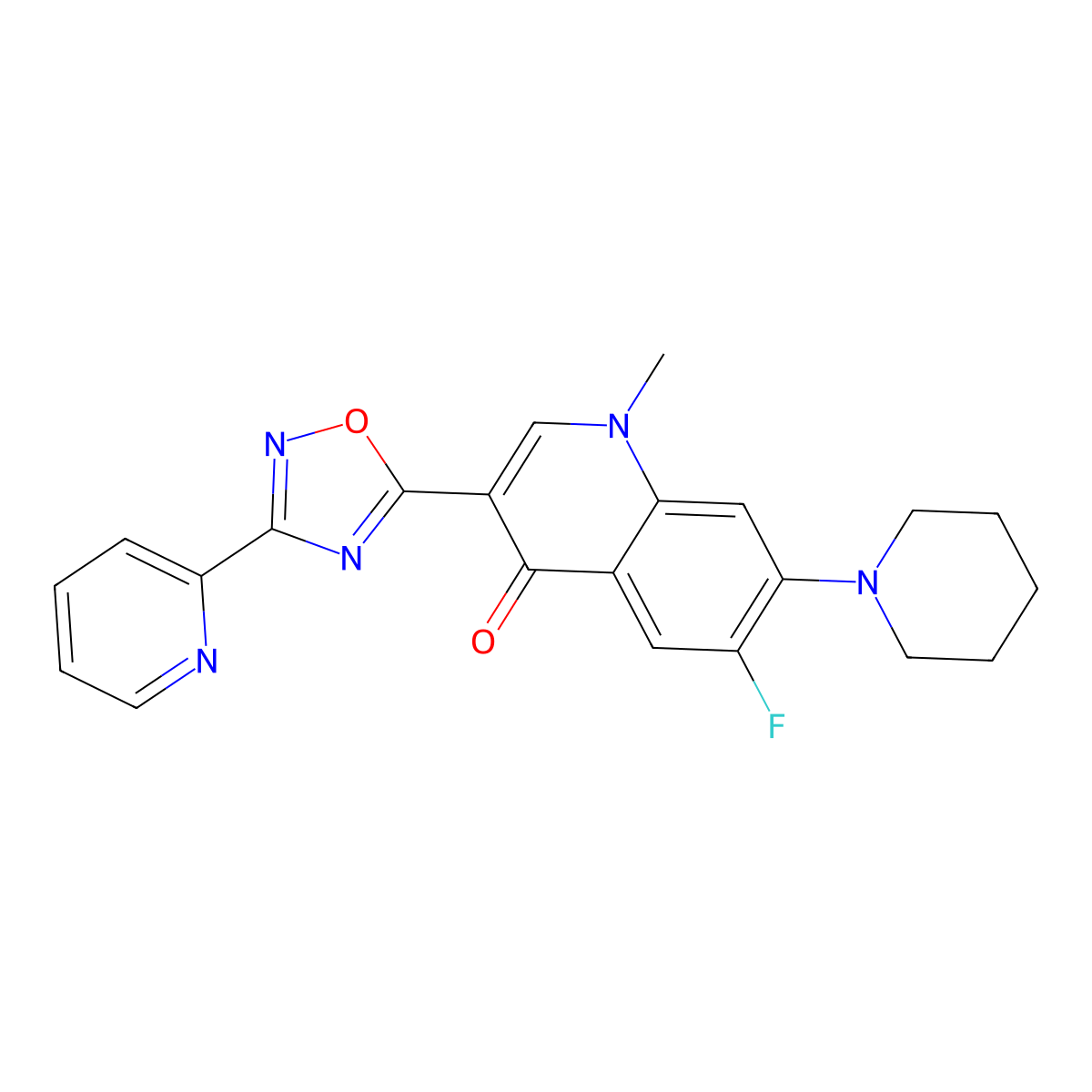 6-fluoro-1-methyl-7-(piperidin-1-yl)-3-(3-(pyridin-2-yl)-1,2,4-oxadiazol-5-yl)quinolin-4(1H)-one molecular structure, CAS 1111044-00-8