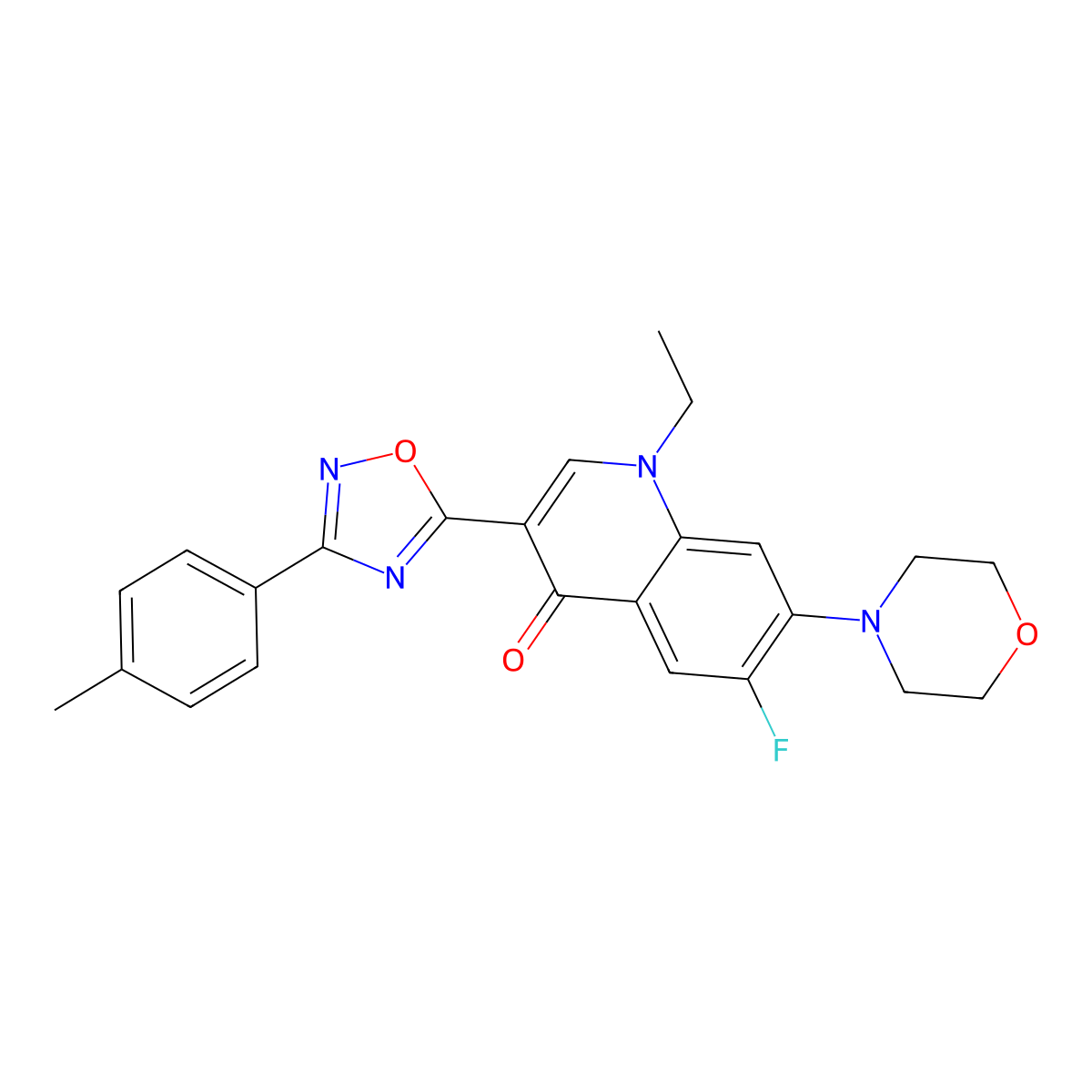 1-ethyl-6-fluoro-7-morpholino-3-(3-(p-tolyl)-1,2,4-oxadiazol-5-yl)quinolin-4(1H)-one molecular structure, CAS 1111044-55-3