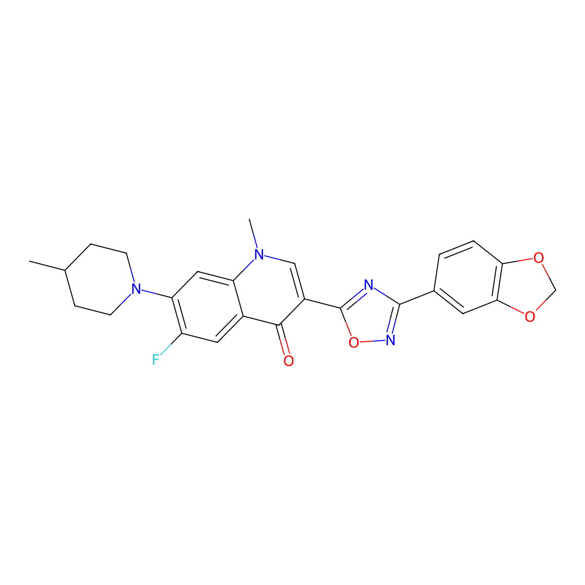 3-[3-(1,3-benzodioxol-5-yl)-1,2,4-oxadiazol-5-yl]-6-fluoro-1-methyl-7-(4-methylpiperidin-1-yl)quinolin-4(1H)-one molecular structure, CAS 1111044-80-4