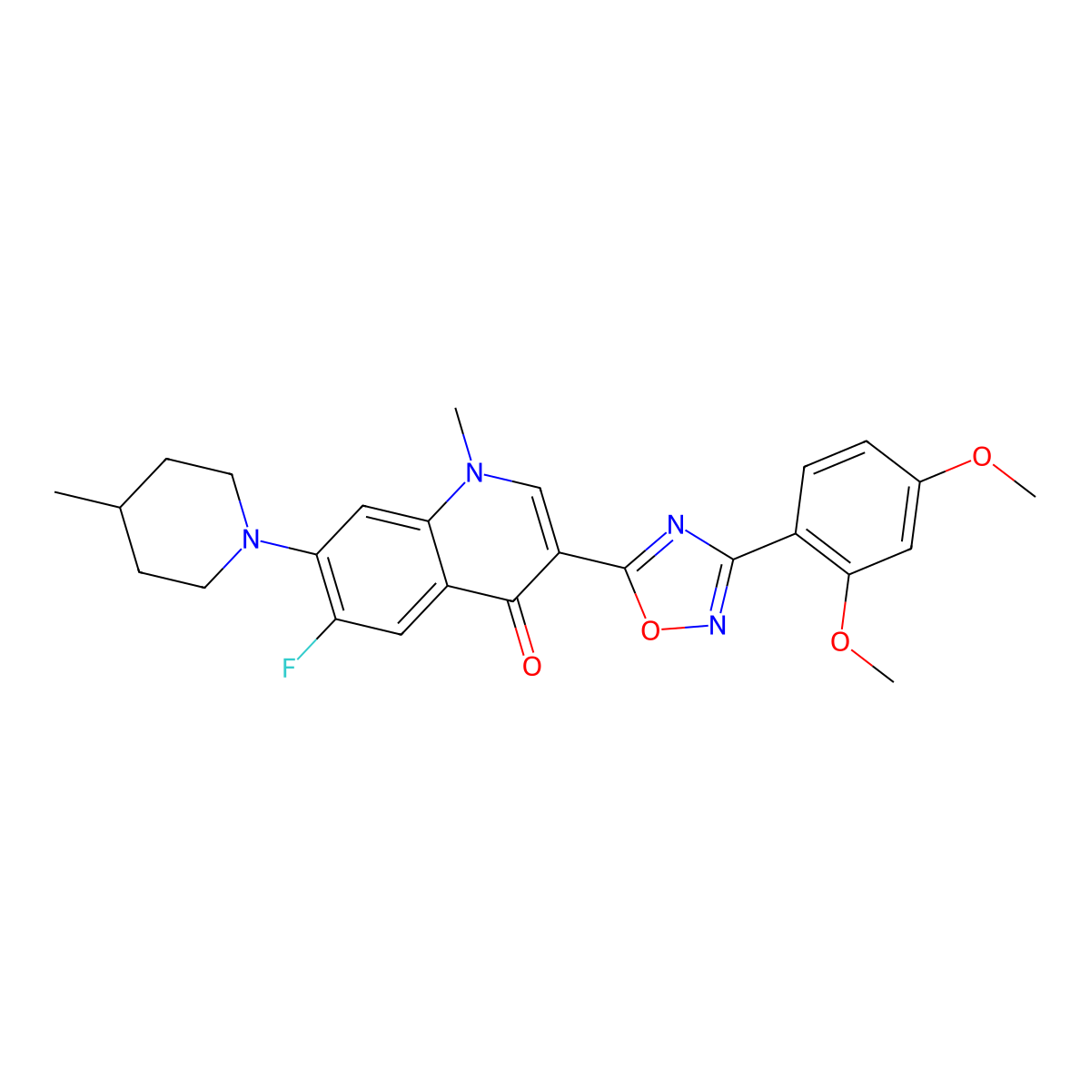 3-(3-(2,4-dimethoxyphenyl)-1,2,4-oxadiazol-5-yl)-6-fluoro-1-methyl-7-(4-methylpiperidin-1-yl)quinolin-4(1H)-one molecular structure, CAS 1111044-85-9