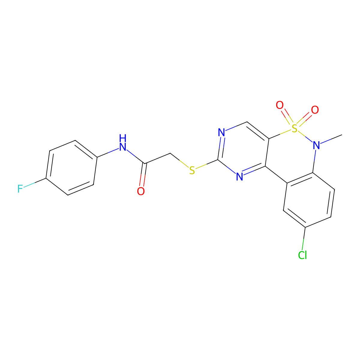 2-({13-chloro-9-methyl-8,8-dioxo-8lambda6-thia-3,5,9-triazatricyclo[8.4.0.0^{2,7}]tetradeca-1(14),2(7),3,5,10,12-hexaen-4-yl}sulfanyl)-N-(4-fluorophenyl)acetamide molecular structure, CAS 1111048-81-7