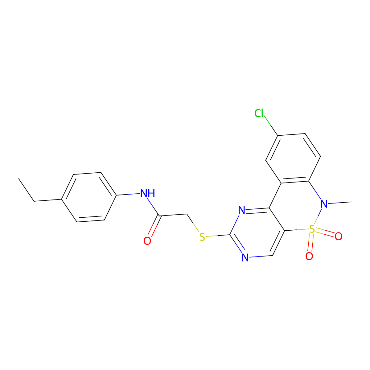 2-({13-chloro-9-methyl-8,8-dioxo-8lambda6-thia-3,5,9-triazatricyclo[8.4.0.0^{2,7}]tetradeca-1(14),2(7),3,5,10,12-hexaen-4-yl}sulfanyl)-N-(4-ethylphenyl)acetamide molecular structure, CAS 1111048-88-4
