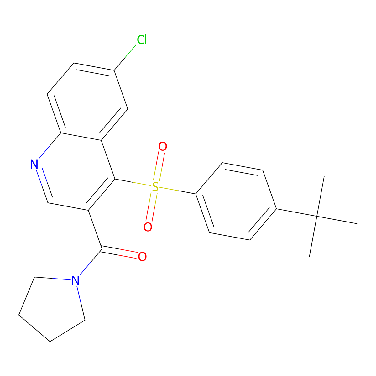 4-[(4-Tert-butylphenyl)sulfonyl]-6-chloro-3-(pyrrolidin-1-ylcarbonyl)quinoline molecular structure, CAS 1111052-26-6