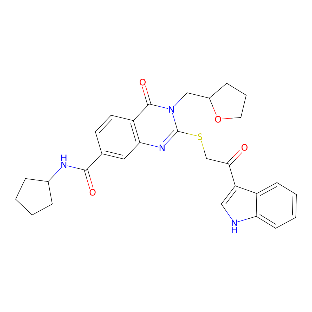 N-cyclopentyl-2-{[2-(1H-indol-3-yl)-2-oxoethyl]sulfanyl}-4-oxo-3-[(oxolan-2-yl)methyl]-3,4-dihydroquinazoline-7-carboxamide molecular structure, CAS 1111057-57-8