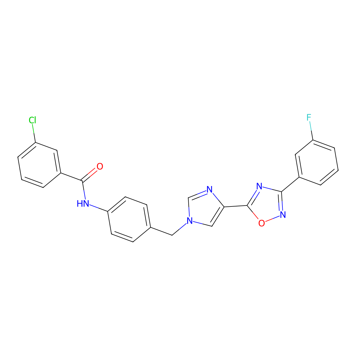 3-chloro-N-(4-((4-(3-(3-fluorophenyl)-1,2,4-oxadiazol-5-yl)-1H-imidazol-1-yl)methyl)phenyl)benzamide molecular structure, CAS 1111150-50-5
