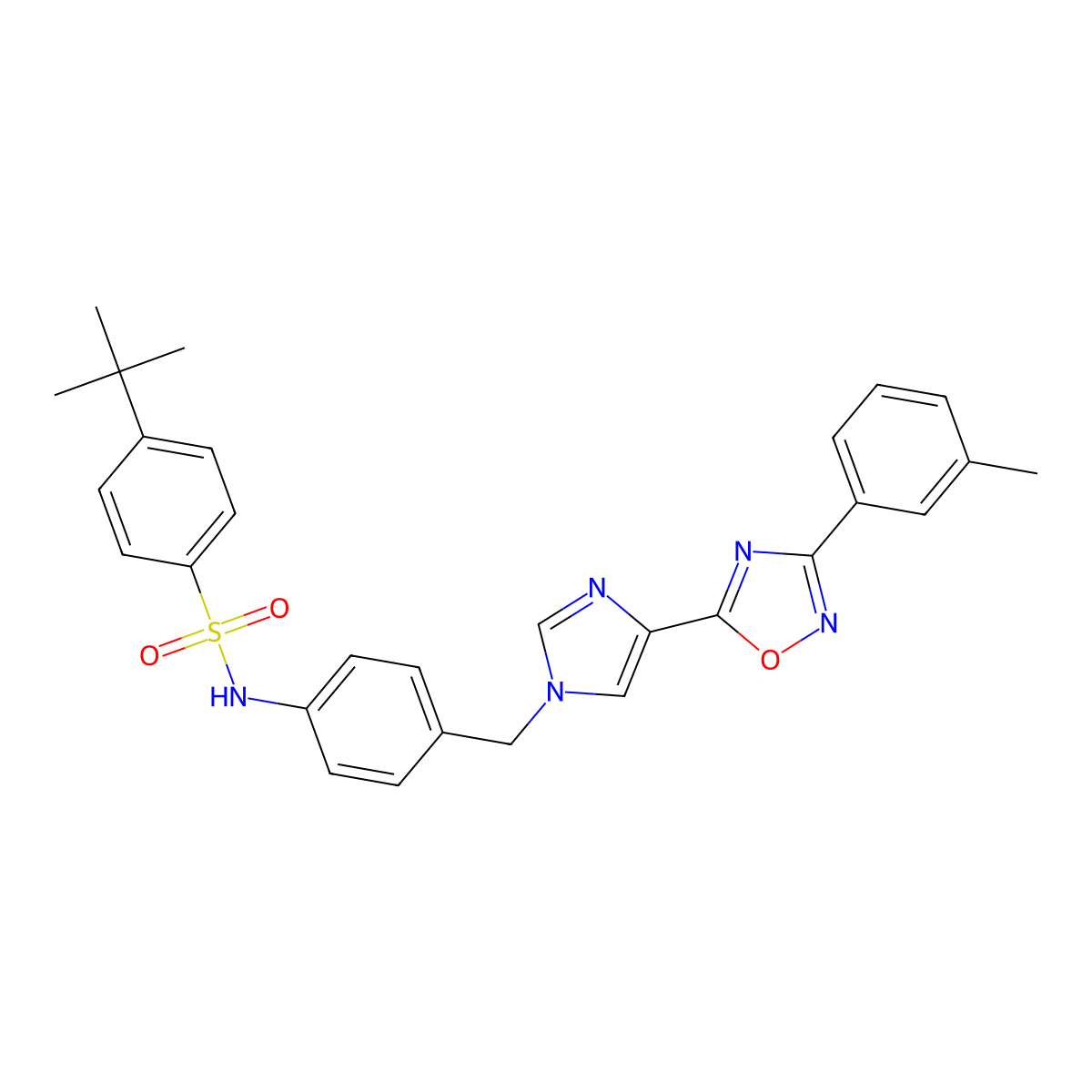 4-(tert-butyl)-N-(4-((4-(3-(m-tolyl)-1,2,4-oxadiazol-5-yl)-1H-imidazol-1-yl)methyl)phenyl)benzenesulfonamide molecular structure, CAS 1111150-94-7