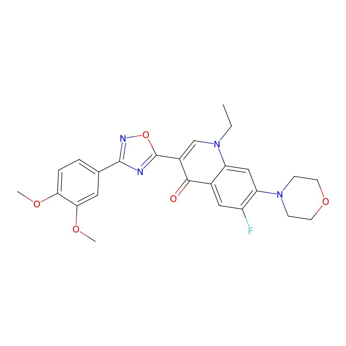 3-(3-(3,4-dimethoxyphenyl)-1,2,4-oxadiazol-5-yl)-1-ethyl-6-fluoro-7-morpholinoquinolin-4(1H)-one molecular structure, CAS 1111158-21-4