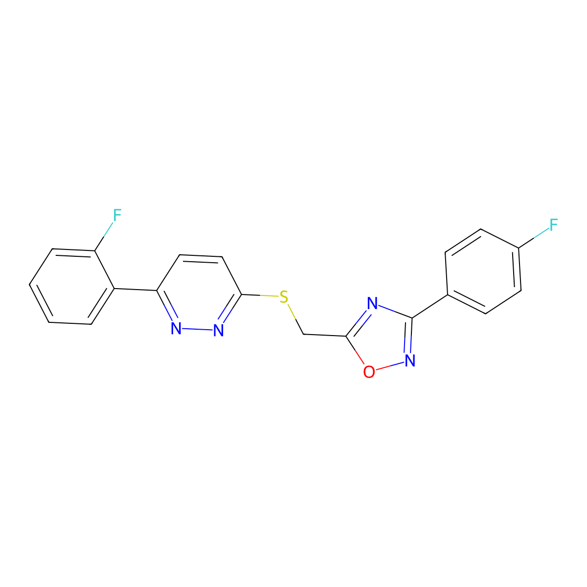 3-(2-Fluorophenyl)-6-({[3-(4-fluorophenyl)-1,2,4-oxadiazol-5-yl]methyl}thio)pyridazine molecular structure, CAS 1111170-76-3