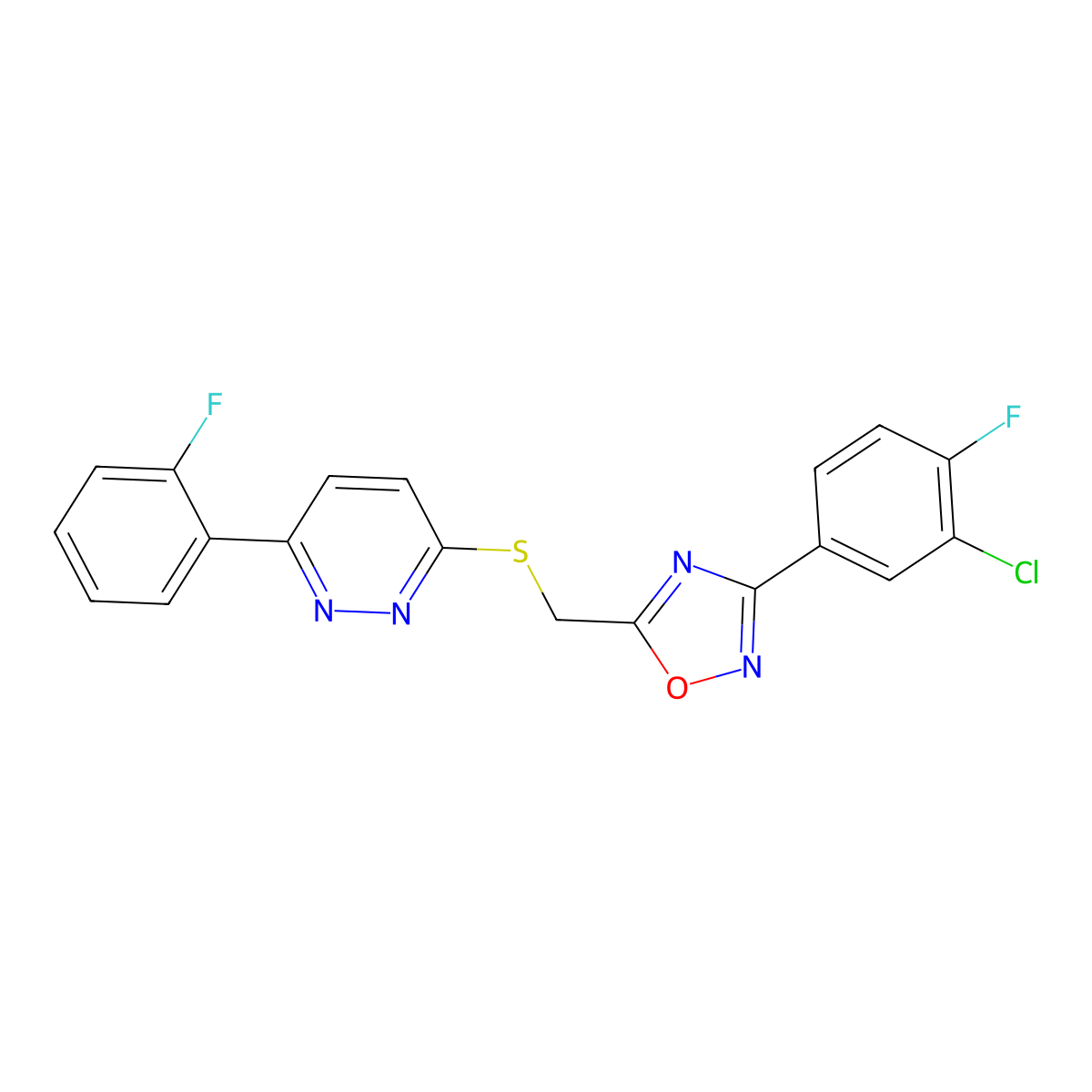 3-(3-Chloro-4-fluorophenyl)-5-(((6-(2-fluorophenyl)pyridazin-3-yl)thio)methyl)-1,2,4-oxadiazole molecular structure, CAS 1111170-77-4