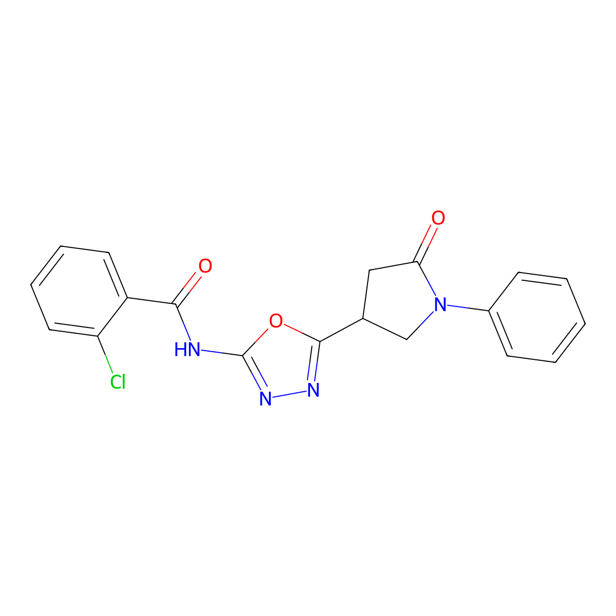 2-chloro-N-[5-(5-oxo-1-phenylpyrrolidin-3-yl)-1,3,4-oxadiazol-2-yl]benzamide molecular structure, CAS 1111175-33-7