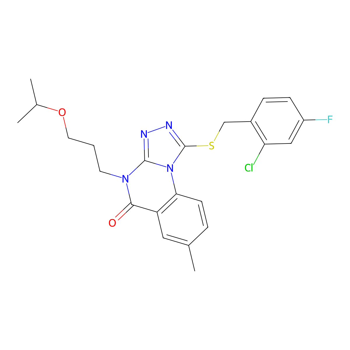 1-((2-chloro-4-fluorobenzyl)thio)-4-(3-isopropoxypropyl)-7-methyl-[1,2,4]triazolo[4,3-a]quinazolin-5(4H)-one molecular structure, CAS 1111196-79-2