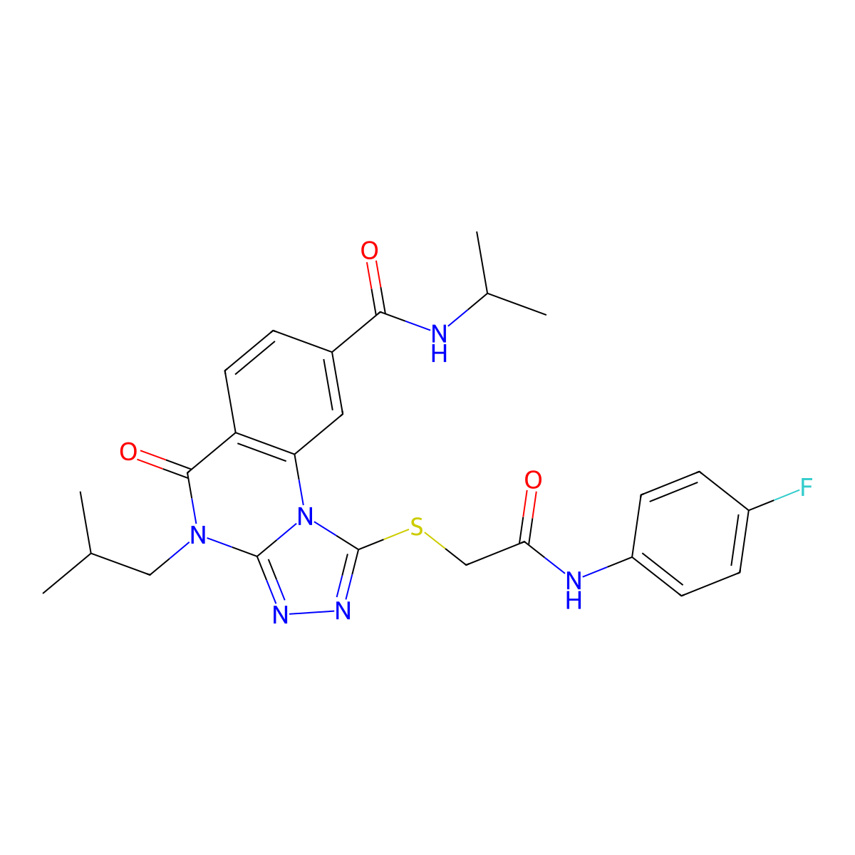 1-((2-((4-fluorophenyl)amino)-2-oxoethyl)thio)-4-isobutyl-N-isopropyl-5-oxo-4,5-dihydro-[1,2,4]triazolo[4,3-a]quinazoline-8-carboxamide molecular structure, CAS 1111197-34-2