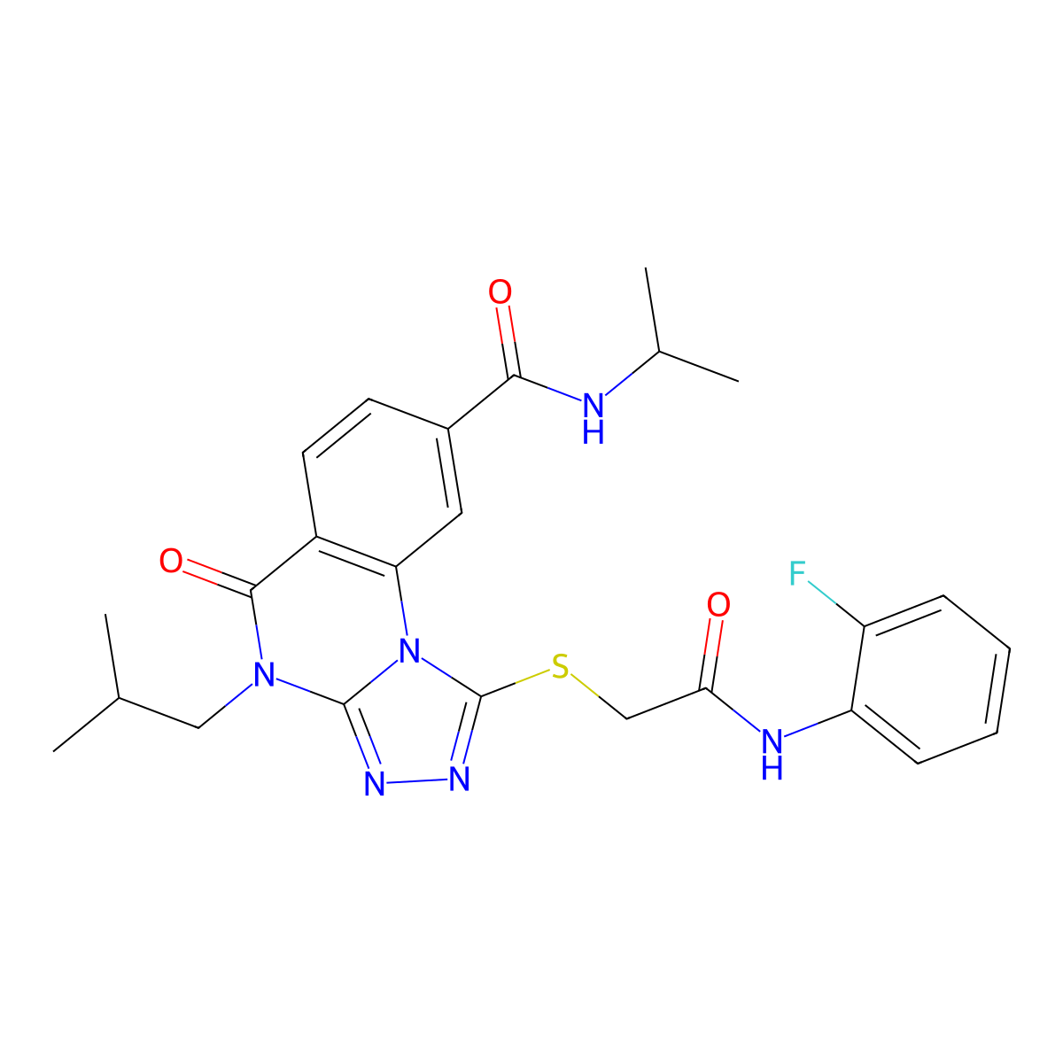 1-((2-((2-fluorophenyl)amino)-2-oxoethyl)thio)-4-isobutyl-N-isopropyl-5-oxo-4,5-dihydro-[1,2,4]triazolo[4,3-a]quinazoline-8-carboxamide molecular structure, CAS 1111197-35-3