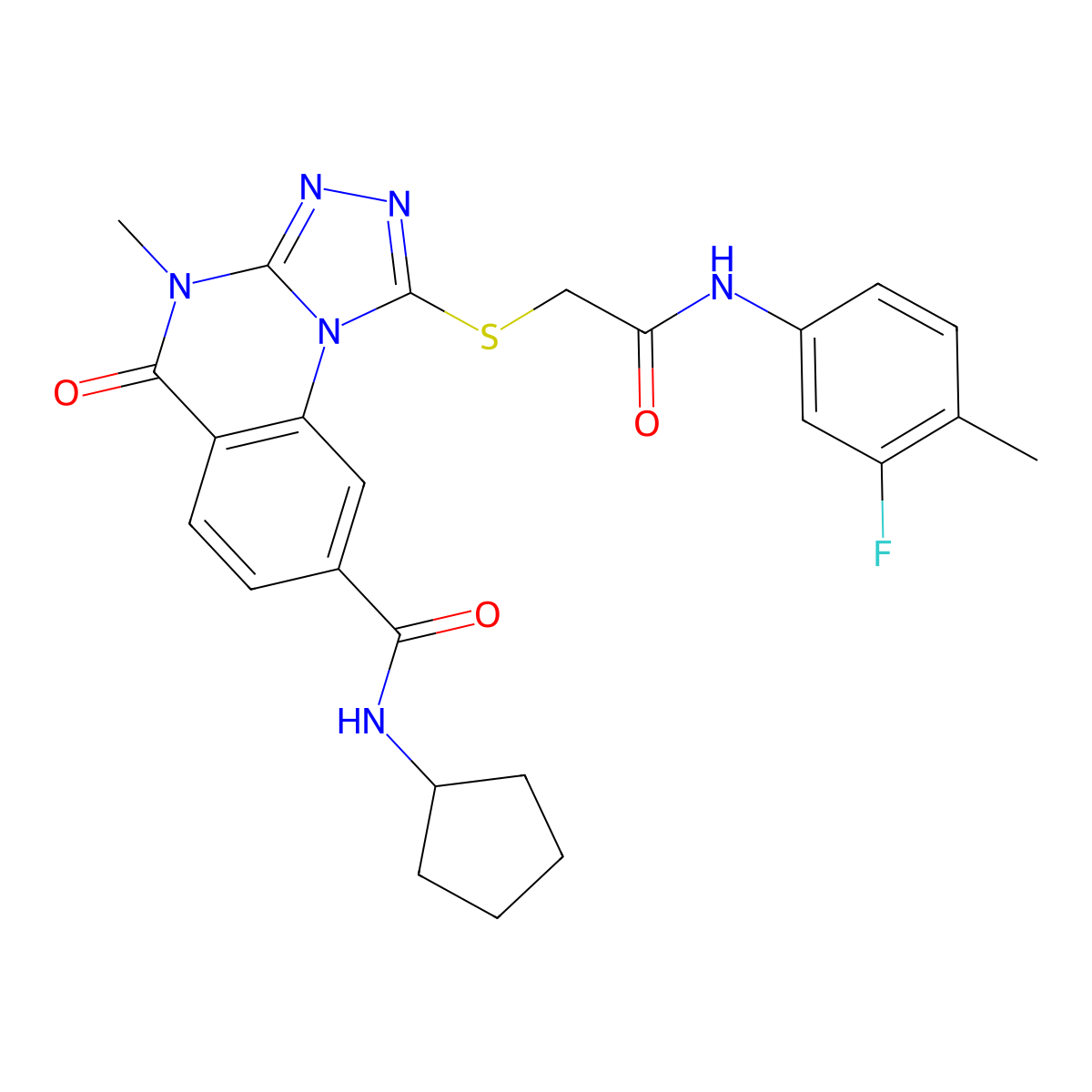 N-cyclopentyl-1-((2-((3-fluoro-4-methylphenyl)amino)-2-oxoethyl)thio)-4-methyl-5-oxo-4,5-dihydro-[1,2,4]triazolo[4,3-a]quinazoline-8-carboxamide molecular structure, CAS 1111197-87-5