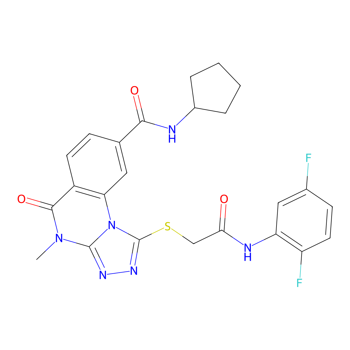 N-cyclopentyl-1-({[(2,5-difluorophenyl)carbamoyl]methyl}sulfanyl)-4-methyl-5-oxo-4H,5H-[1,2,4]triazolo[4,3-a]quinazoline-8-carboxamide molecular structure, CAS 1111197-89-7