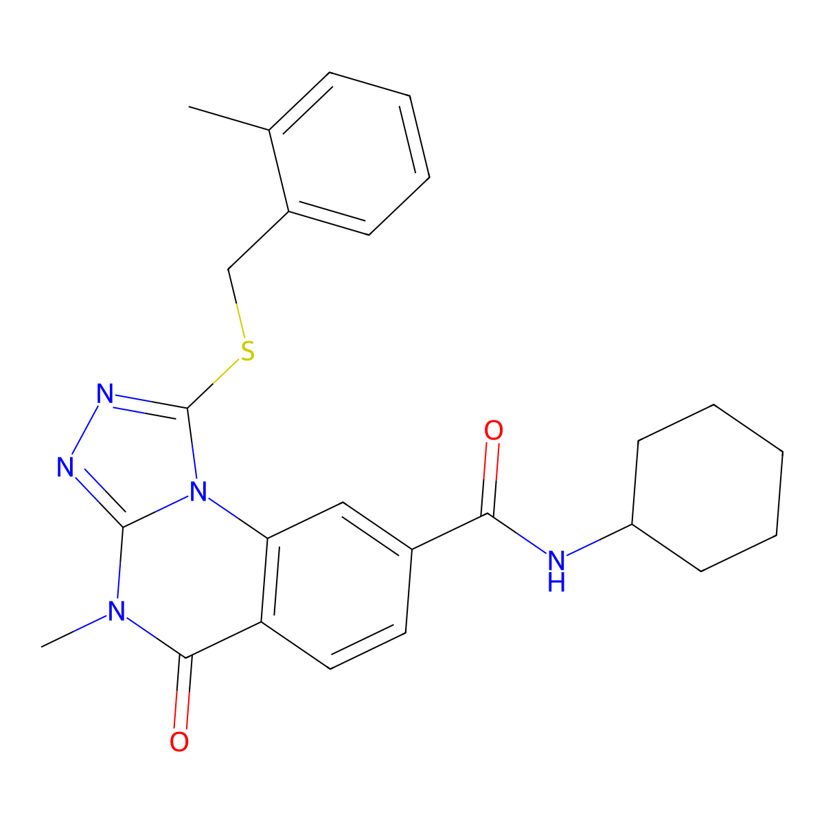N-cyclohexyl-4-methyl-1-((2-methylbenzyl)thio)-5-oxo-4,5-dihydro-[1,2,4]triazolo[4,3-a]quinazoline-8-carboxamide molecular structure, CAS 1111197-91-1