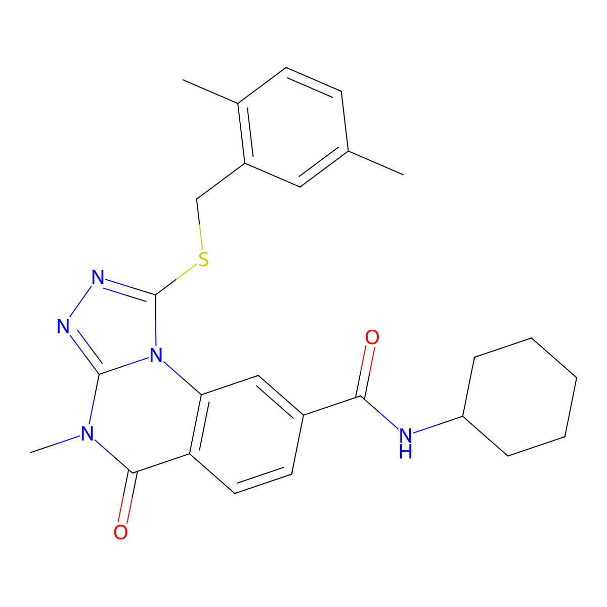 N-cyclohexyl-1-{[(2,5-dimethylphenyl)methyl]sulfanyl}-4-methyl-5-oxo-4H,5H-[1,2,4]triazolo[4,3-a]quinazoline-8-carboxamide molecular structure, CAS 1111197-98-8