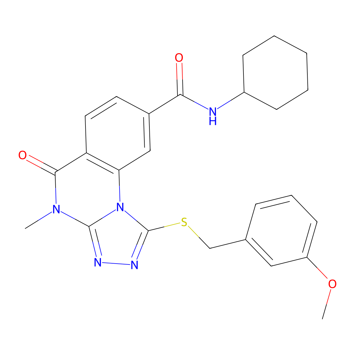 N-cyclohexyl-1-((3-methoxybenzyl)thio)-4-methyl-5-oxo-4,5-dihydro-[1,2,4]triazolo[4,3-a]quinazoline-8-carboxamide molecular structure, CAS 1111198-02-7