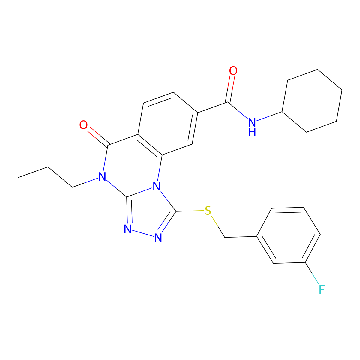 N-cyclohexyl-1-((3-fluorobenzyl)thio)-5-oxo-4-propyl-4,5-dihydro-[1,2,4]triazolo[4,3-a]quinazoline-8-carboxamide molecular structure, CAS 1111210-56-0