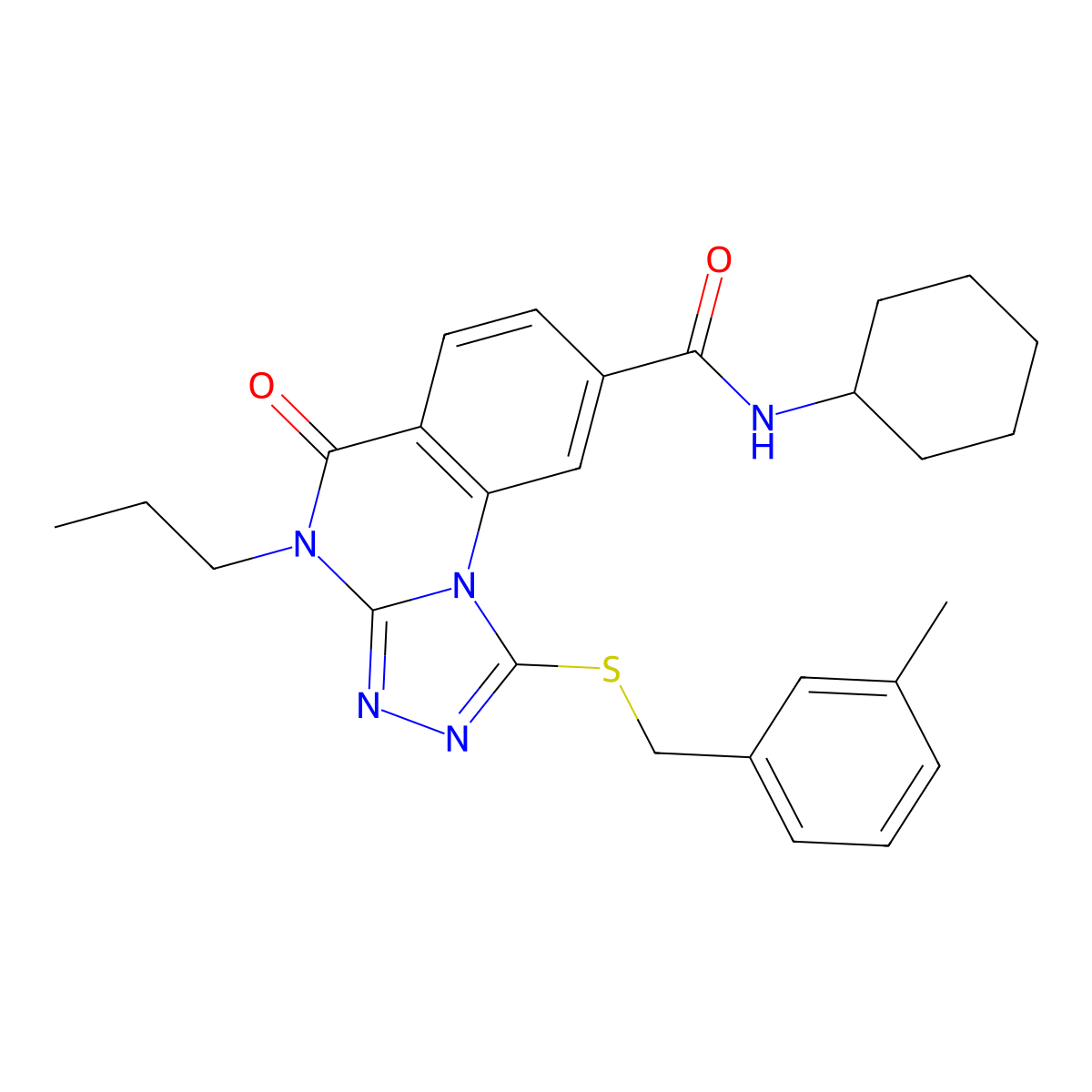 N-cyclohexyl-1-((3-methylbenzyl)thio)-5-oxo-4-propyl-4,5-dihydro-[1,2,4]triazolo[4,3-a]quinazoline-8-carboxamide molecular structure, CAS 1111210-57-1