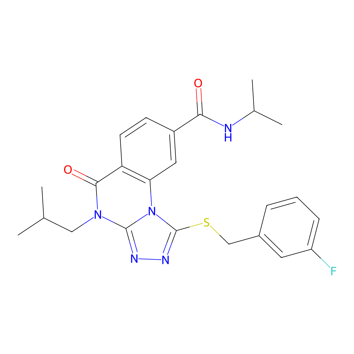 1-((3-fluorobenzyl)thio)-4-isobutyl-N-isopropyl-5-oxo-4,5-dihydro-[1,2,4]triazolo[4,3-a]quinazoline-8-carboxamide molecular structure, CAS 1111210-66-2
