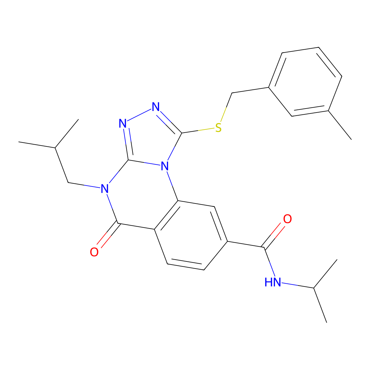 4-isobutyl-N-isopropyl-1-((3-methylbenzyl)thio)-5-oxo-4,5-dihydro-[1,2,4]triazolo[4,3-a]quinazoline-8-carboxamide molecular structure, CAS 1111210-70-8