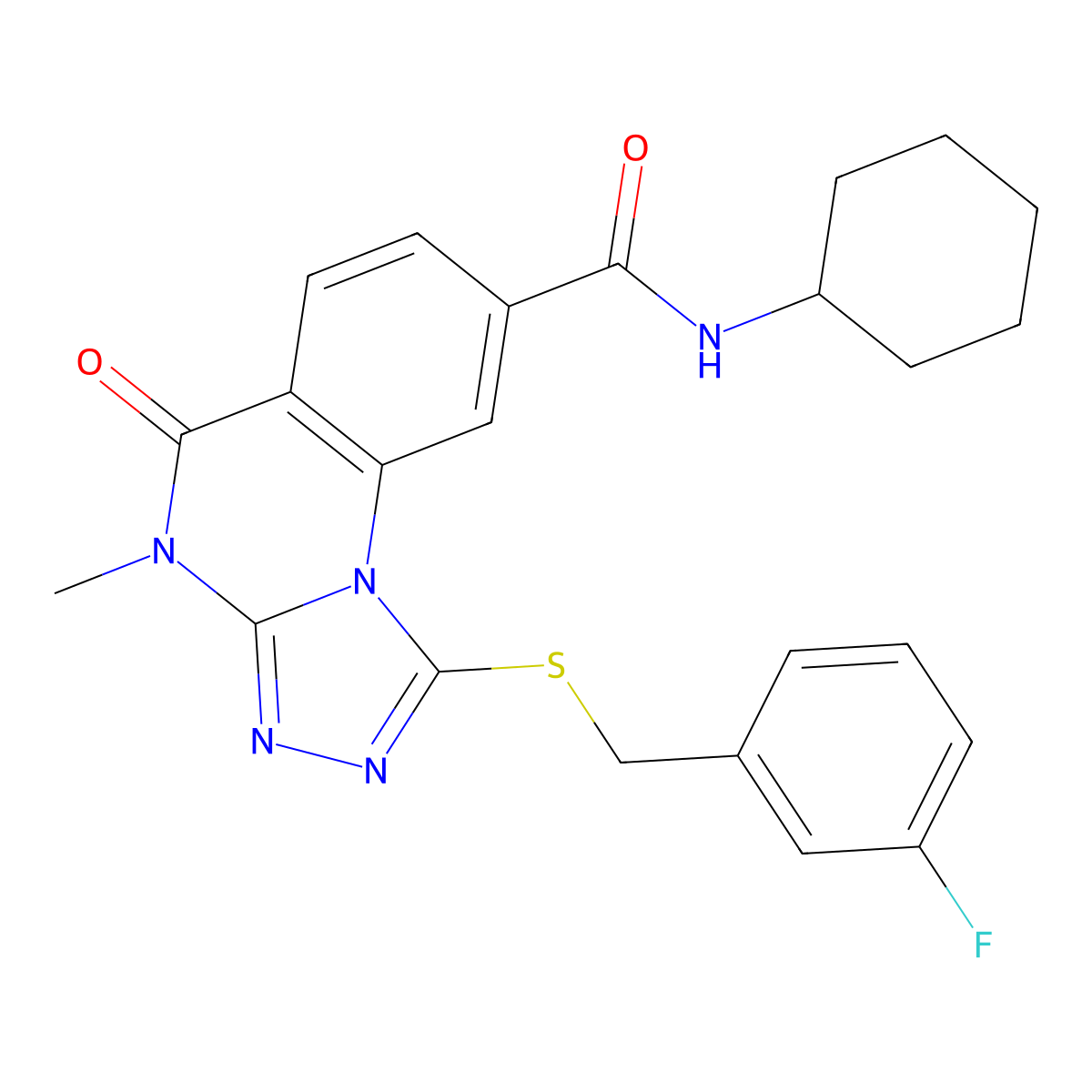 N-cyclohexyl-1-((3-fluorobenzyl)thio)-4-methyl-5-oxo-4,5-dihydro-[1,2,4]triazolo[4,3-a]quinazoline-8-carboxamide molecular structure, CAS 1111214-76-6