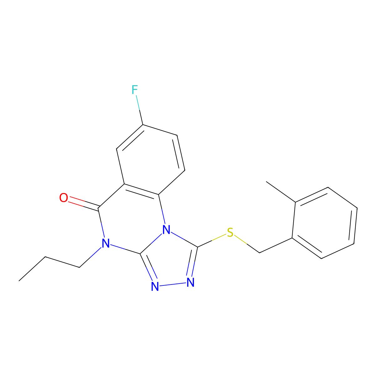 7-fluoro-1-[(2-methylbenzyl)thio]-4-propyl[1,2,4]triazolo[4,3-a]quinazolin-5(4H)-one molecular structure, CAS 1111221-38-5