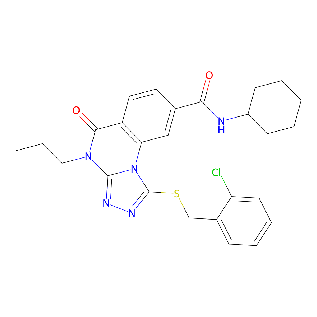 1-((2-chlorobenzyl)thio)-N-cyclohexyl-5-oxo-4-propyl-4,5-dihydro-[1,2,4]triazolo[4,3-a]quinazoline-8-carboxamide molecular structure, CAS 1111221-62-5