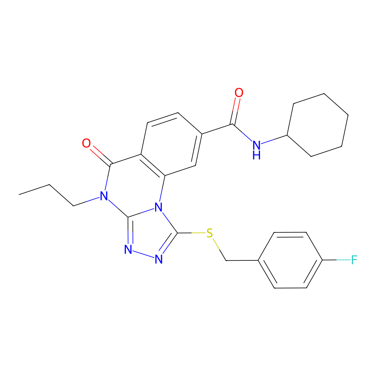 N-cyclohexyl-1-((4-fluorobenzyl)thio)-5-oxo-4-propyl-4,5-dihydro-[1,2,4]triazolo[4,3-a]quinazoline-8-carboxamide molecular structure, CAS 1111221-63-6