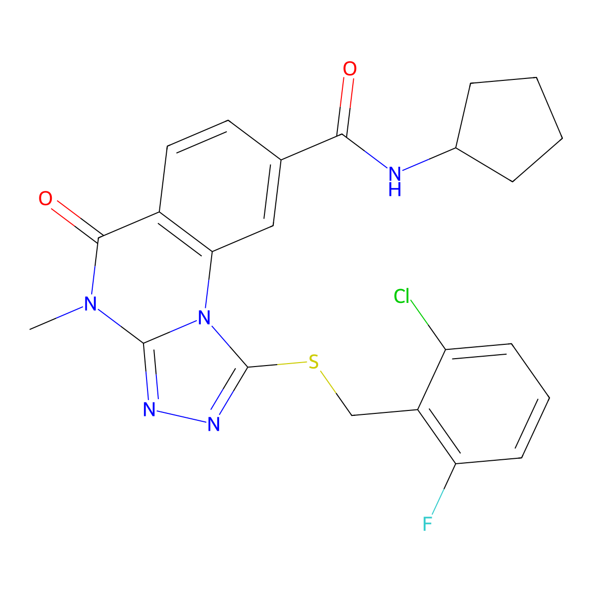 1-{[(2-chloro-6-fluorophenyl)methyl]sulfanyl}-N-cyclopentyl-4-methyl-5-oxo-4H,5H-[1,2,4]triazolo[4,3-a]quinazoline-8-carboxamide molecular structure, CAS 1111221-98-7