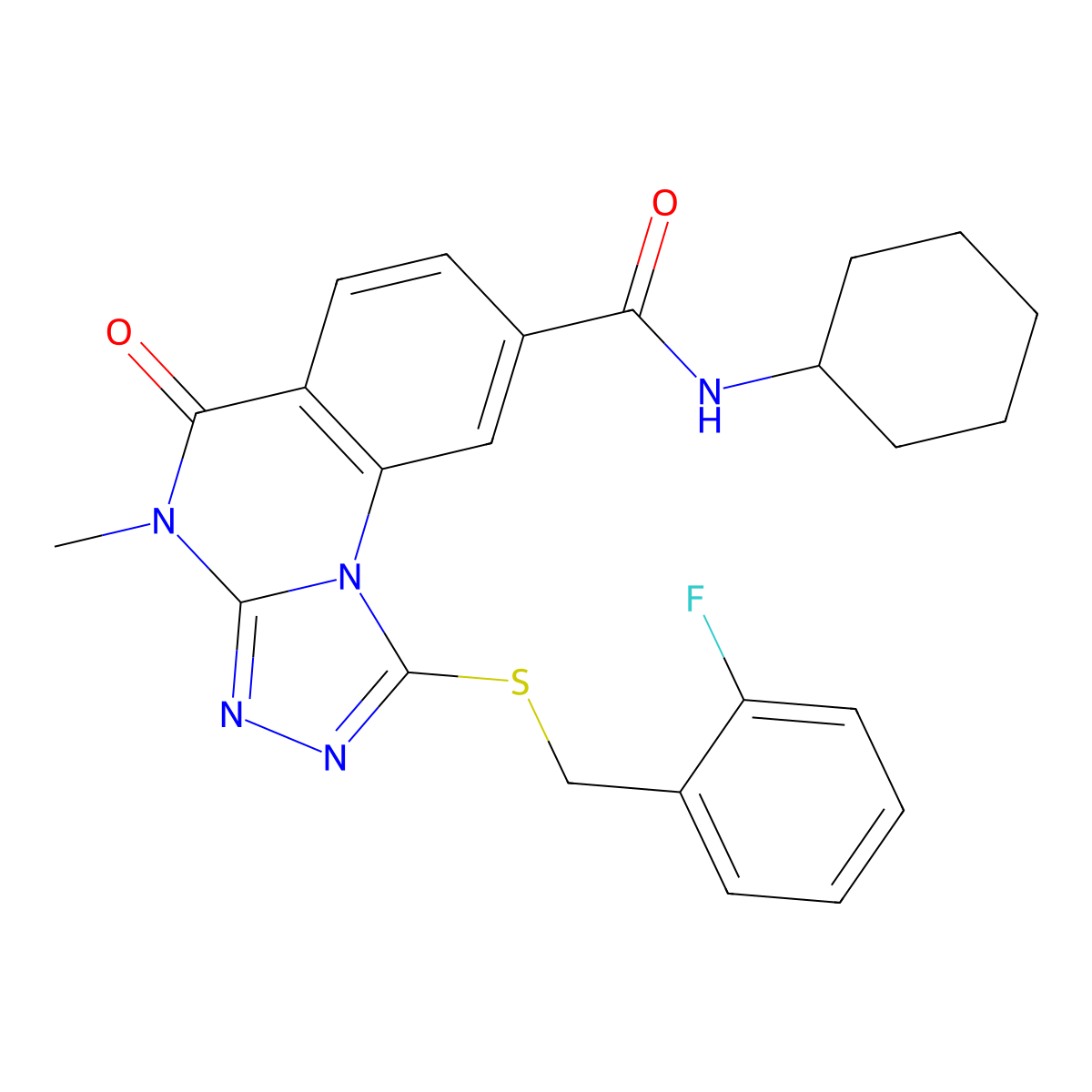 N-cyclohexyl-1-((2-fluorobenzyl)thio)-4-methyl-5-oxo-4,5-dihydro-[1,2,4]triazolo[4,3-a]quinazoline-8-carboxamide molecular structure, CAS 1111222-06-0