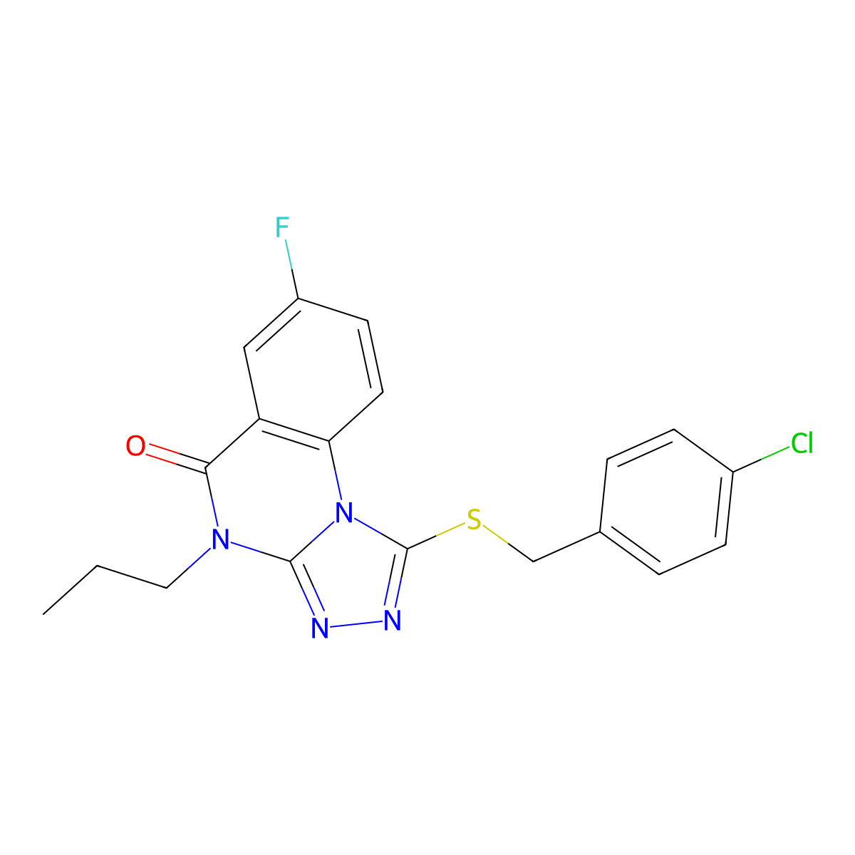 1-[(4-chlorobenzyl)thio]-7-fluoro-4-propyl[1,2,4]triazolo[4,3-a]quinazolin-5(4H)-one molecular structure, CAS 1111236-82-8